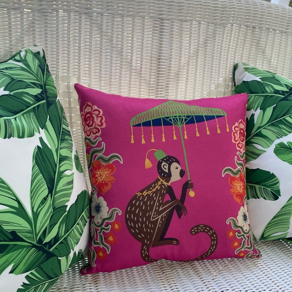 Pink Green Monkey / Blue Ginger Jars Pillow Cover w Insert 17.7” Grandmillennial - Picture 12 of 16